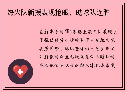 热火队新援表现抢眼，助球队连胜
